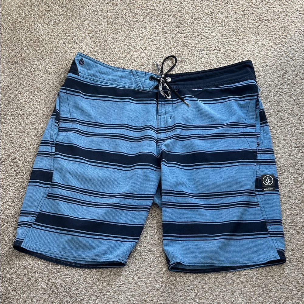 Volcom Men's Blue and Black Striped Board Shorts